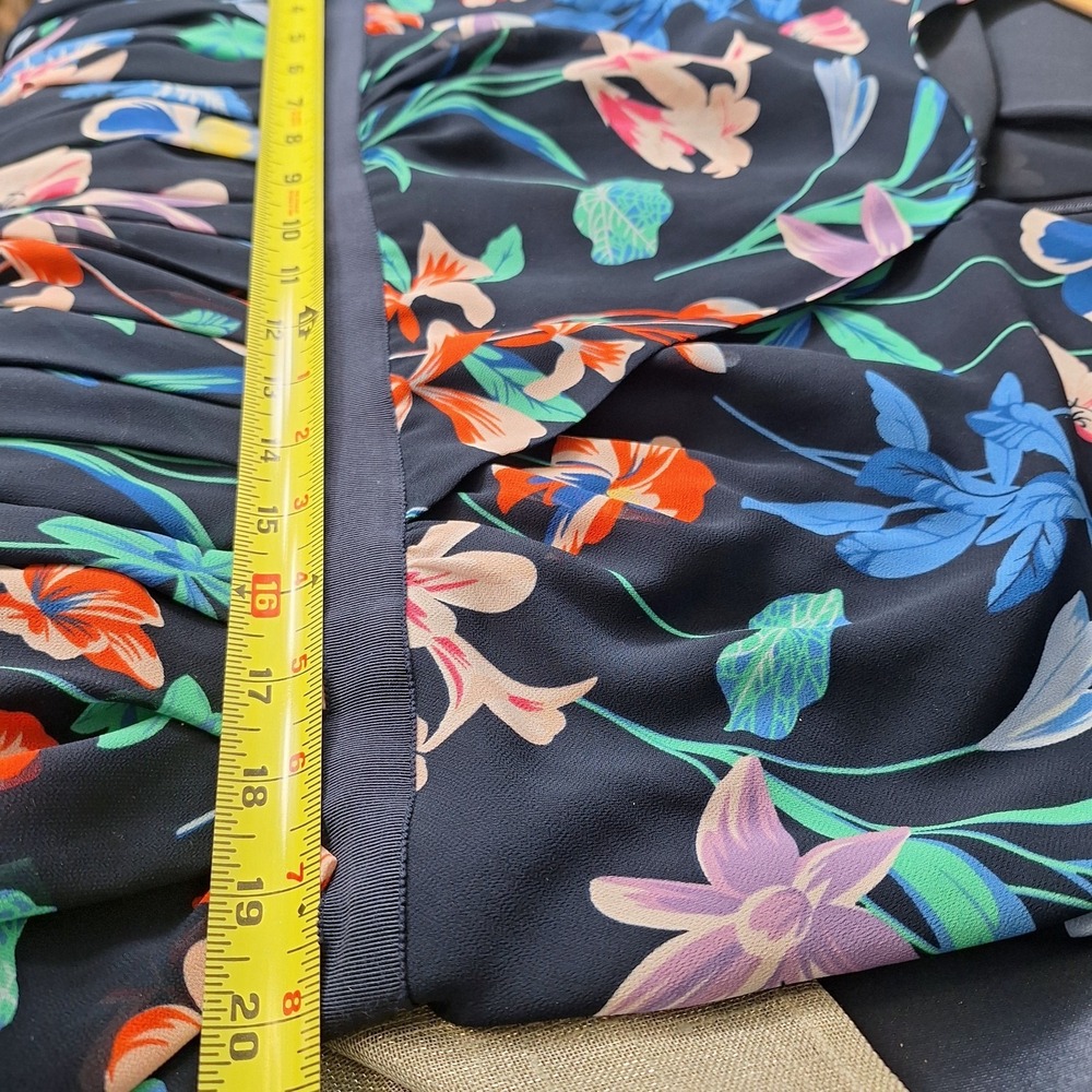 Talbots 14 Navy Floral Chiffon Midi Dress Fit Flare Pleat Garden Party Cocktail - Picture 6 of 9